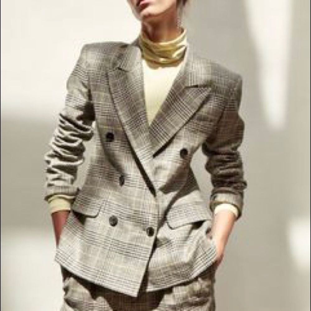 ESCADA Cashmere Wool Double Breasted Glen Plaid Blazer Jacket in Grey